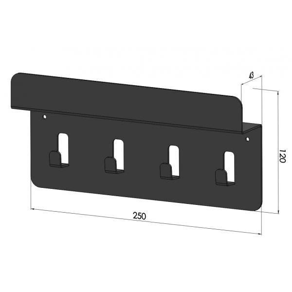 Kulcstartó 4 akasztós polccal 25x12 cm, Fekete 4