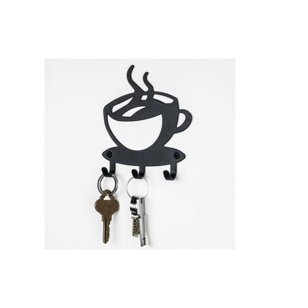 Kávés kulcstartó, 3 akasztóval, 11x11 cm, Fekete 2