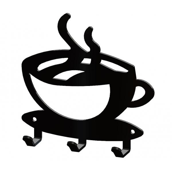 Kávés kulcstartó, 3 akasztóval, 11x11 cm, Fekete 3
