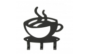 Kávés kulcstartó, 3 akasztóval, 11x11 cm, Fekete