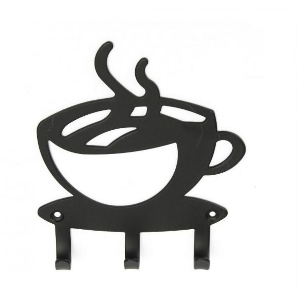 Kávés kulcstartó, 3 akasztóval, 11x11 cm, Fekete 1