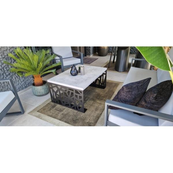 Beltéri Kávézó asztal 100x70x45 cm, prémium MÁRVÁNY mintázatú MDF-ből, fekete színű acél lábakkal 1