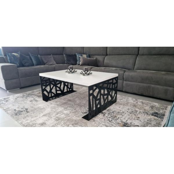 Beltéri Kávézó asztal 100x70x45 cm, prémium FEHÉR színű MDF-ből, fekete színű acél lábakkal 2