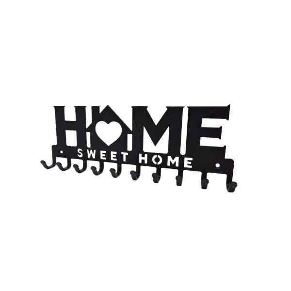 Home Sweet Home házikóval fém kulcstartó, 9x25 cm, fekete színben 10 akasztóval 2