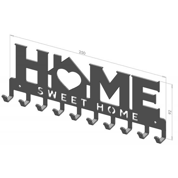 Home Sweet Home házikóval fém kulcstartó, 9x25 cm, fekete színben 10 akasztóval 3